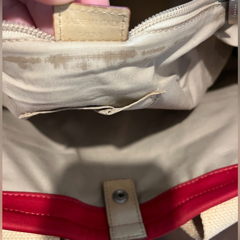 BURBERRY Red Canvas Ivory Fabric Leather Handles Satchel Tote Bag Made in Italy - Picture 11 of 16